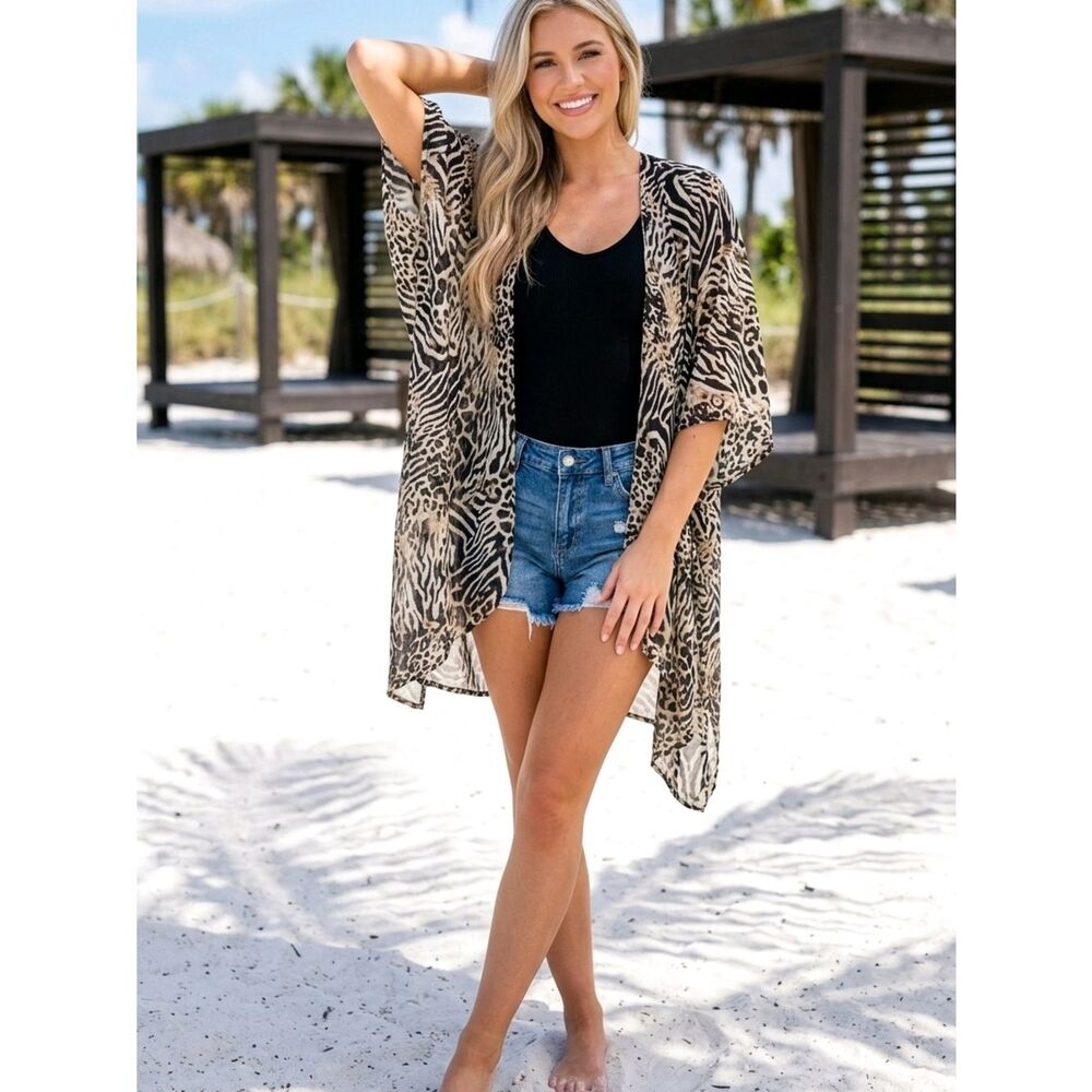 Nina Leonard Beige and Black Animal Print Sheer Kimono Cover-Up